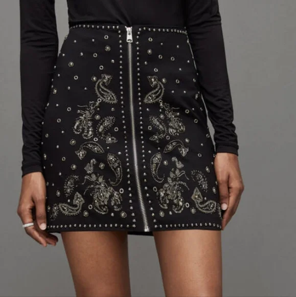 Allsaints Cassidy Zip Up Embellished Mini Skirt - Black studded - Picture 2 of 13